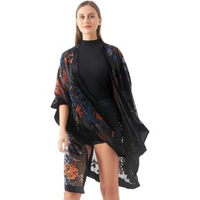 WeHello Women's Burnout Velvet Kimono Long Cardigan Cover Up Without Tassel (Black/Bord)…