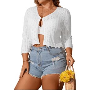 WDIRARA Women's Plus Size V Neck 3/4 Sleeve Split Front Crop Cardigan Hollow Out Knitted Top