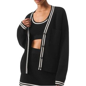 LifeShe Womens Button Down Cardigan Open Front V Neck Striped Sweater Loose Knit Varsity Tennis Cardigans