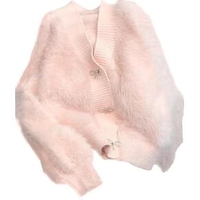 Womens Warm Fluffy Fur Cardigan Fuzzy Sweater Y2K Coat Solid Long Sleeve V Neck Rhinestone Bow Sweater