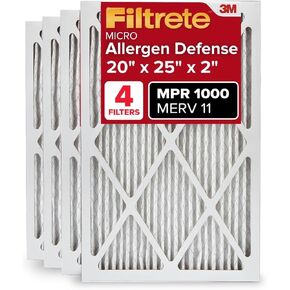 Filtrete 20x25x1 AC Furnace Air Filter, MERV 11, MPR 1000, Micro Allergen Defense, 3-Month Pleated 1-Inch Electrostatic Air Cleaning Filter, 4 Pack (Actual Size 19.69 x 24.69 x 0.81 in)