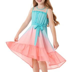 GRACE KARIN Girls Casual Flowy Dress Contrast Mesh Ruffle High Low Hemline Sleeveless A-Line Dresses with Belt 5-12 Years