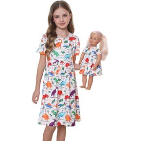 Bow Dream Toddler Girls Dress and Matching Doll Clothes Accessories for Girls Short Sleeve Dinosaur Kids Dress