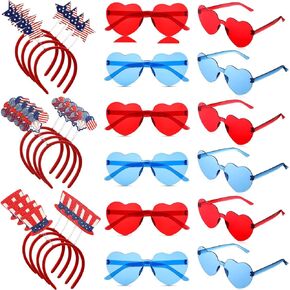 Jutom 24 Pieces 4th of July Patriotic Headbands and Glasses Set, American Flag Star Head Bopper for Independence Memorial Day (Stylish Style)