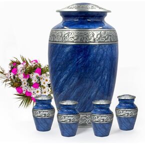 Bold & Divine Urn for Ashes of Mom & Dad - Cremation Urn for Adult Ashes Male & Female - Funeral Decorative Urn for Women & Men (Blue, Large & Mini Urns_Set of 5)