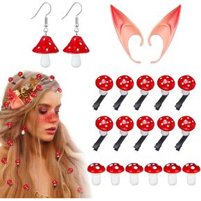 Misdary 18 Pcs Renaissance Mushroom Hair Accessories Set Include Clip Mushroom Earrings Fairy Elf Ears Foam Halloween Cosplay for Adult Women Medieval Festival Play Party