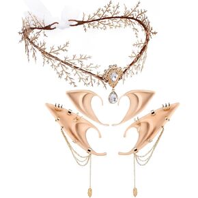 MOSTORY Renfaire Costume Set Women - Gold Fairy Crown and Elf Ears with Piercings Set for Women Fae Ears Cosplay Leaf Crown for Renaissance Accessory Halloween Fantasy Photo Shoot