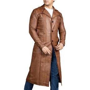 Jild Vintage Classic Leather Trench Coat Men - Full Length Duster Overcoat Lambskin Leather Long Coats for Men