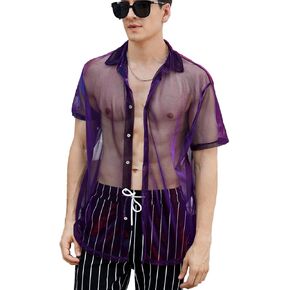 OYOANGLE Men's Metallic See Through Short Sleeve Collar Neck Button Down Shirts Sheer Mesh Partywear Tops