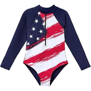 Century Star Girls Long Sleeve Swimsuit Rash Guard One Piece Bathing Suit Kids Toddler Cute Swimwear UPF50+ Zipper 2-15 Years