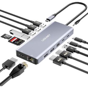 محطة إرساء الكمبيوتر المحمول USB C من LASUNEY، شاشة مزدوجة، 14 في 1 USB C Hub متعدد المنافذ دونجل مع 2 HDMI، DisplayPort، RJ45، SD/TF، ​​منافذ USB C/A، PD، ميكروفون/صوت، متوافق مع MacBook Dell HP Lenovo