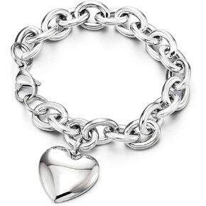 Coolsteelandbeyond Womens Stains Stains Stains Rolo Bracelet مع قلب نفخة متدلية ، مصقول عالية