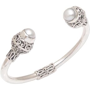 NOVICA Artisan Handmade Cultured Freshwater Pearl Cuff Bracelet Ornate .925 Sterling Silver with Mabe White Indonesia Bridal Birthstone 'Monument'