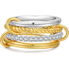 Gold Stackable Rings for Women Non Tarnish, Dainty 14K Gold Plated Stacking Rings with CZ Cubic Zirconia, Mixed Metal Multi Ring Stacks Interlocked Ring Jewelry Gift (Size:7-8)