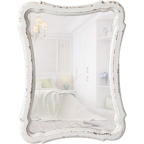 Rustic Wood Framed Small Wall Mirror Decor 12 x 9 inches, Handmade Distressed White Vintage Decorative Mirror, Farmhouse Bathroom Mirrors for Vanity, Hanging Ornate Accent Sculpted Mirror