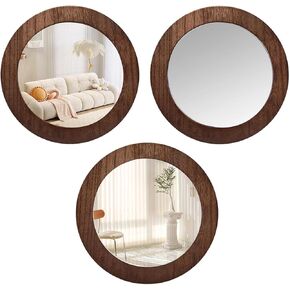 3 PCS Wood Wall Mirrors Decorative, 8 Inch Round Rustic Farmhouse Natural Wood Shatterproof Acrylic Decorative Mirror for Living Room, Bathroom, Bedroom, and Entryway