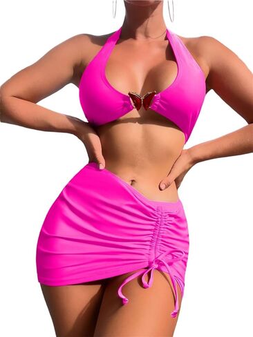 Swimsuit - Women's 3 Piece Bathing Suits (Butterfly Link) Bikini Set with Cover Up Skirt - hot Sexy Trendy Butterfly Design in Kuwait