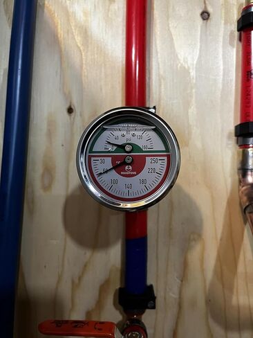 Roastove Tridicator، مقياس الضغط الحراري، 2-1/2 بوصة، مملوء بزيت السيليكون، 0-160 رطل لكل بوصة مربعة/30-250 درجة فهرنهايت، علبة من الفولاذ المقاوم للصدأ، مقياس ضغط منخفض للتركيب 1/4 بوصة NPT in Kuwait