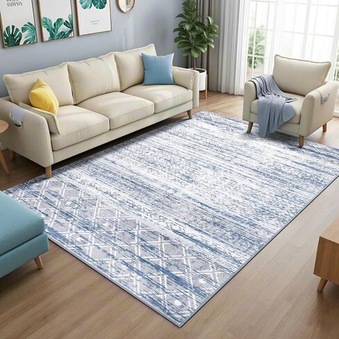 Area Rug 5x7 Washable Rugs Boho Soft Modern Abstract Non-Slip Faux Wool Vintage Carpet for Living Room, Bedroom, Farmhouse, Dining Room, Kids Playroom, White and Black in Kuwait