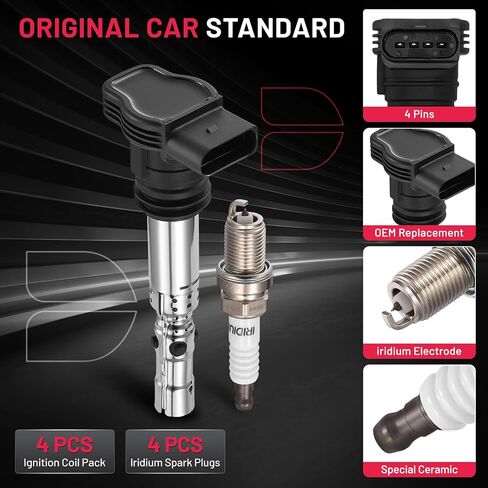 BDFHYK 4 Ignition Coil Pack UF411 and 4 Iridium Spark Plug 6458 Compatible with VW Beetle Golf Jetta Passat, Compatible with Audi A4 A6 TT Allroad Quattro 1.8L 2.7L L4 V6 Coil for C1394 06A905115D in Saudi Arabia