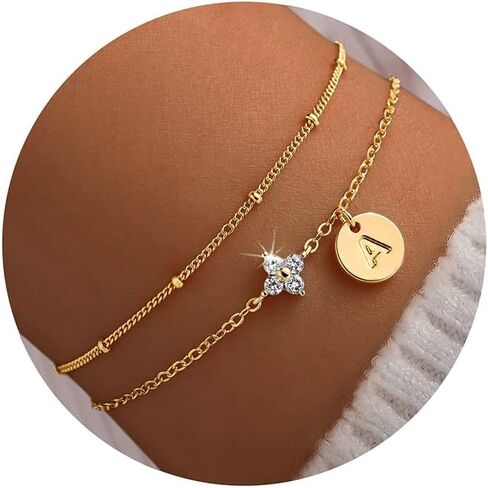 M MOOHAM Gold Initial Bracelets for Women Teen Girls - Dainty 14K Gold Plated Cubic Zirconia Clover Initial Bracelet Layered Letter Bracelet for Women Girls Jewelry Personalized Birthday Gifts in Saudi Arabia