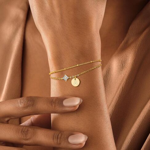 M MOOHAM Gold Initial Bracelets for Women Teen Girls - Dainty 14K Gold Plated Cubic Zirconia Clover Initial Bracelet Layered Letter Bracelet for Women Girls Jewelry Personalized Birthday Gifts in Saudi Arabia