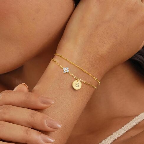 M MOOHAM Gold Initial Bracelets for Women Teen Girls - Dainty 14K Gold Plated Cubic Zirconia Clover Initial Bracelet Layered Letter Bracelet for Women Girls Jewelry Personalized Birthday Gifts in Saudi Arabia