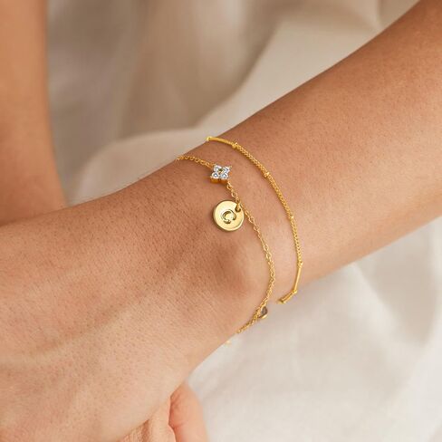 M MOOHAM Gold Initial Bracelets for Women Teen Girls - Dainty 14K Gold Plated Cubic Zirconia Clover Initial Bracelet Layered Letter Bracelet for Women Girls Jewelry Personalized Birthday Gifts in Saudi Arabia