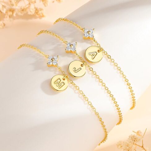 M MOOHAM Gold Initial Bracelets for Women Teen Girls - Dainty 14K Gold Plated Cubic Zirconia Clover Initial Bracelet Layered Letter Bracelet for Women Girls Jewelry Personalized Birthday Gifts in Saudi Arabia