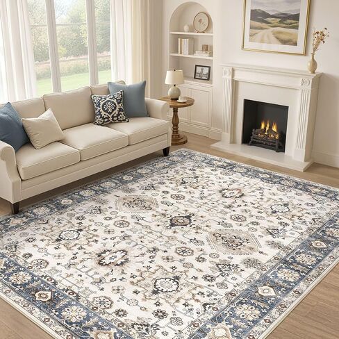 Area Rugs for Living Room: 10x14 Washable Rug Vintage Pattern Large Non-Slip Stain Resistant Soft Durable Floor Carpet for Bedroom, Dining Room, Home Office - Blue in Saudi Arabia