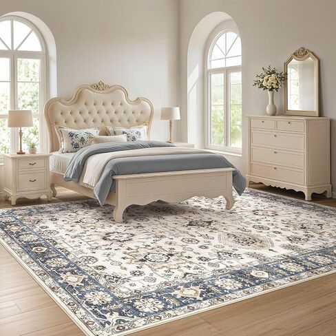 Area Rugs for Living Room: 10x14 Washable Rug Vintage Pattern Large Non-Slip Stain Resistant Soft Durable Floor Carpet for Bedroom, Dining Room, Home Office - Blue in Saudi Arabia