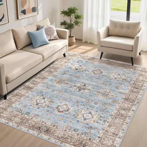 Area Rugs for Living Room: 10x14 Washable Rug Vintage Pattern Large Non-Slip Stain Resistant Soft Durable Floor Carpet for Bedroom, Dining Room, Home Office - Blue in Saudi Arabia