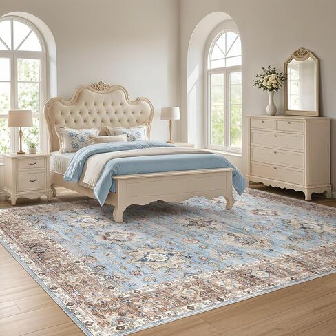 Area Rugs for Living Room: 10x14 Washable Rug Vintage Pattern Large Non-Slip Stain Resistant Soft Durable Floor Carpet for Bedroom, Dining Room, Home Office - Blue in Saudi Arabia