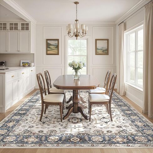 Area Rugs for Living Room: 10x14 Washable Rug Vintage Pattern Large Non-Slip Stain Resistant Soft Durable Floor Carpet for Bedroom, Dining Room, Home Office - Blue in Saudi Arabia