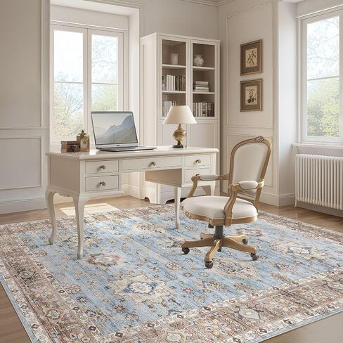 Area Rugs for Living Room: 10x14 Washable Rug Vintage Pattern Large Non-Slip Stain Resistant Soft Durable Floor Carpet for Bedroom, Dining Room, Home Office - Blue in Saudi Arabia