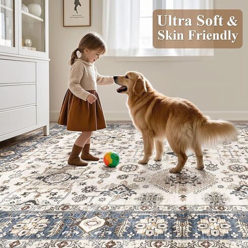 Area Rugs for Living Room: 10x14 Washable Rug Vintage Pattern Large Non-Slip Stain Resistant Soft Durable Floor Carpet for Bedroom, Dining Room, Home Office - Blue in Saudi Arabia