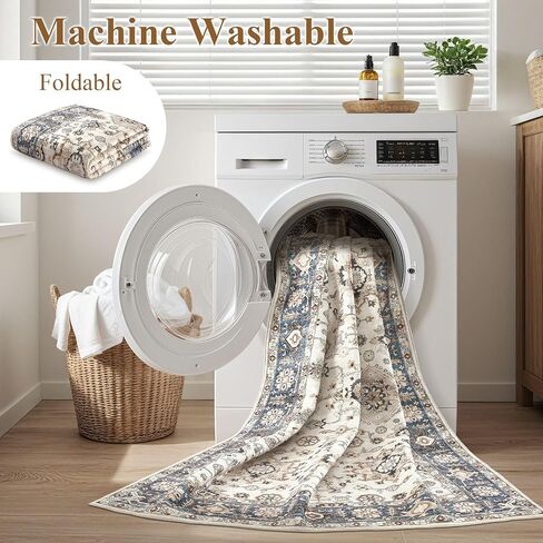 Area Rugs for Living Room: 10x14 Washable Rug Vintage Pattern Large Non-Slip Stain Resistant Soft Durable Floor Carpet for Bedroom, Dining Room, Home Office - Blue in Saudi Arabia