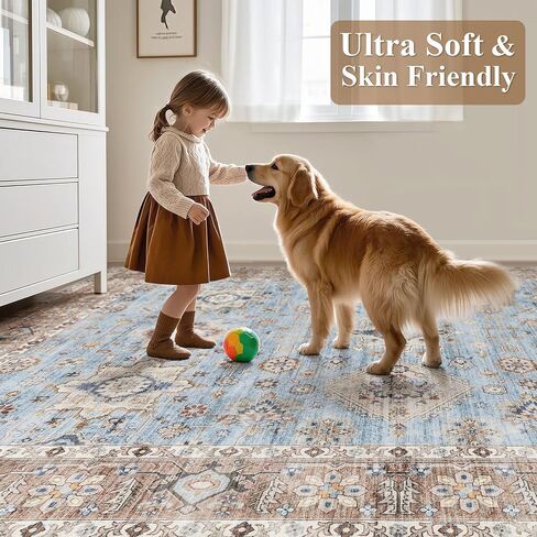 Area Rugs for Living Room: 10x14 Washable Rug Vintage Pattern Large Non-Slip Stain Resistant Soft Durable Floor Carpet for Bedroom, Dining Room, Home Office - Blue in Saudi Arabia