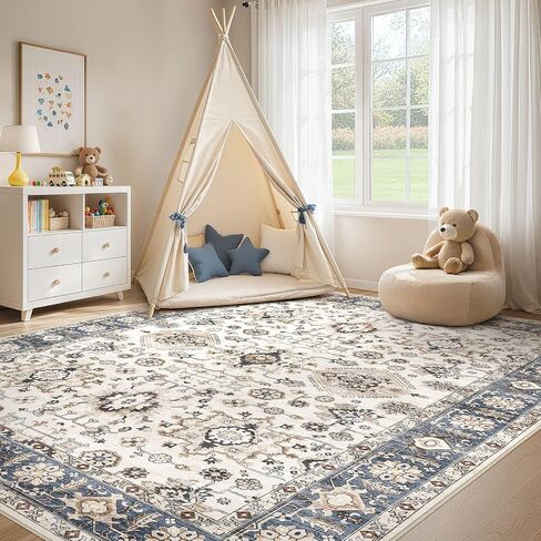 Area Rugs for Living Room: 10x14 Washable Rug Vintage Pattern Large Non-Slip Stain Resistant Soft Durable Floor Carpet for Bedroom, Dining Room, Home Office - Blue in Saudi Arabia