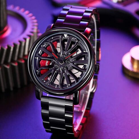 MASTOP Mens Wrist Watch Creative 3D Spinning Car Wheel Rotating Watches Rim Hub Design Fashion Quartz Stylish Wristwatch with Stainless Steel Strap Gifts for Car Enthusiasts in Saudi Arabia