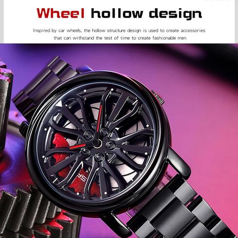 MASTOP Mens Wrist Watch Creative 3D Spinning Car Wheel Rotating Watches Rim Hub Design Fashion Quartz Stylish Wristwatch with Stainless Steel Strap Gifts for Car Enthusiasts in Saudi Arabia