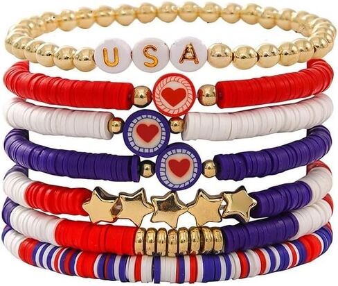 4th of July Heishi Bead Stretch Bracelets for Women Girls American Patriotic Bangle Gold Red White Blue Star Stackable Bracelet Independence Boho Summer Beach Memorial Day Gifts in Saudi Arabia
