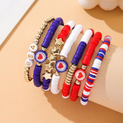 4th of July Heishi Bead Stretch Bracelets for Women Girls American Patriotic Bangle Gold Red White Blue Star Stackable Bracelet Independence Boho Summer Beach Memorial Day Gifts in Saudi Arabia