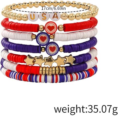 4th of July Heishi Bead Stretch Bracelets for Women Girls American Patriotic Bangle Gold Red White Blue Star Stackable Bracelet Independence Boho Summer Beach Memorial Day Gifts in Saudi Arabia
