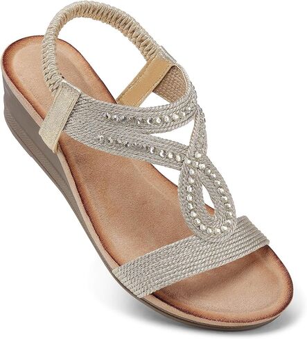 TEMOFON Wedge Sandals for Women Dressy: Low Wedge Sandals Women Comfortable Dressy Walking - Summer Casual Elastic Strappy Open Toe Rhinestone Shoes in Kuwait
