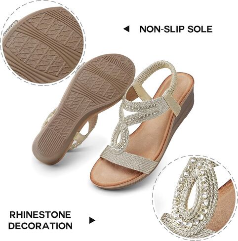TEMOFON Wedge Sandals for Women Dressy: Low Wedge Sandals Women Comfortable Dressy Walking - Summer Casual Elastic Strappy Open Toe Rhinestone Shoes in Kuwait
