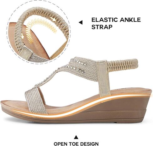 TEMOFON Wedge Sandals for Women Dressy: Low Wedge Sandals Women Comfortable Dressy Walking - Summer Casual Elastic Strappy Open Toe Rhinestone Shoes in Kuwait