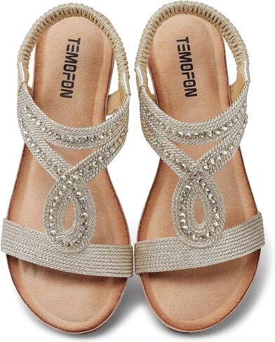 TEMOFON Wedge Sandals for Women Dressy: Low Wedge Sandals Women Comfortable Dressy Walking - Summer Casual Elastic Strappy Open Toe Rhinestone Shoes in Kuwait