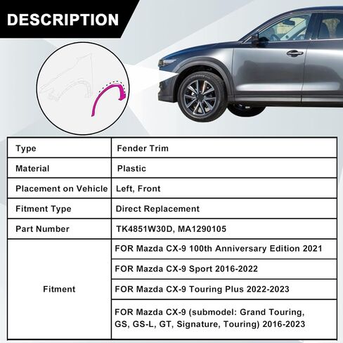 SecosAutoparts Rear Left Side Wheel Fender Molding Trim Compatible with Mazda CX-9 2016-2023# TK48-51-W60H TK4851W60H TK48-51-W60F TK4851W60F Rear Left Wheel Arch Molding in Saudi Arabia