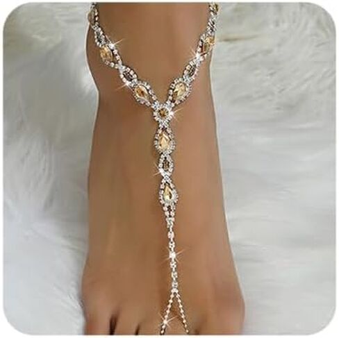 Octwine Boho Summer Silver Silver Beach Foot Rhinestone Chain مع إصبع القدم من أحجار الراين الكريستالية الكرستال الزفاف الزفاف سلسلة القدم الراين. in Saudi Arabia